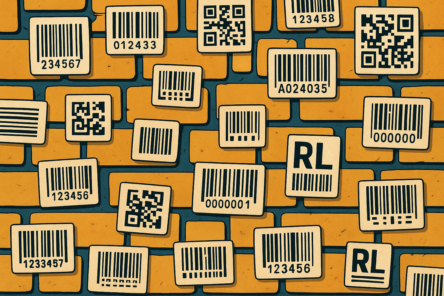 Illustration mit verschiedenen Barcode-Etiketten, QR-Codes und Seriennummern – Symbolbild für individuelle Etikettenlösungen und Barcode-Systeme der RatioLabel International GmbH aus Linden.