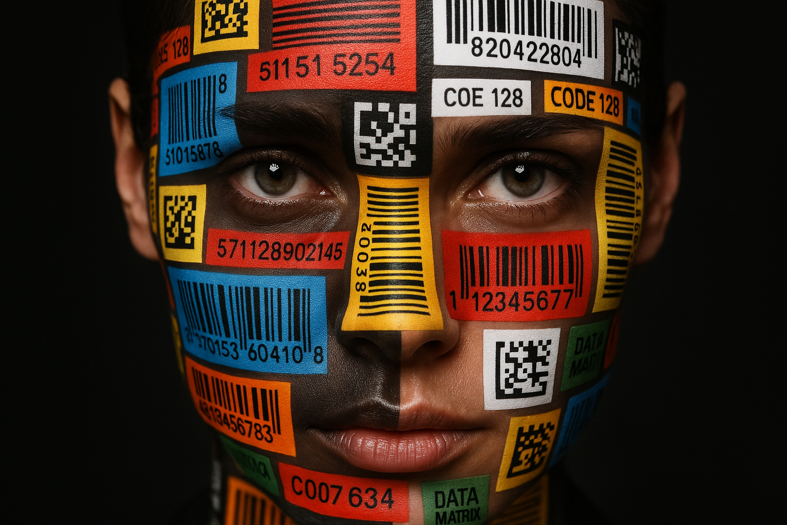 Frauengesicht mit bunten Barcode-, QR- und DataMatrix-Etiketten – kreative Etiketten-Collage als Symbol für moderne Kennzeichnungstechnologie