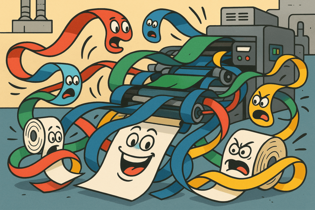 Illustration im Cartoon-Stil: Farbige Transferbänder mit Gesichtsausdrücken kämpfen in einer Druckmaschine um den Etikettendruck – lustiges Bild für Etikettenproduktion, Druckservice und Thermotransferdruck